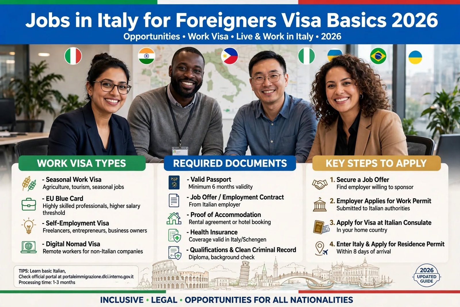 Looking for jobs in Italy for foreigners? Learn which sectors are hiring, how the Italian work visa and Decreto Flussi work, where to search, and how to apply step by step.